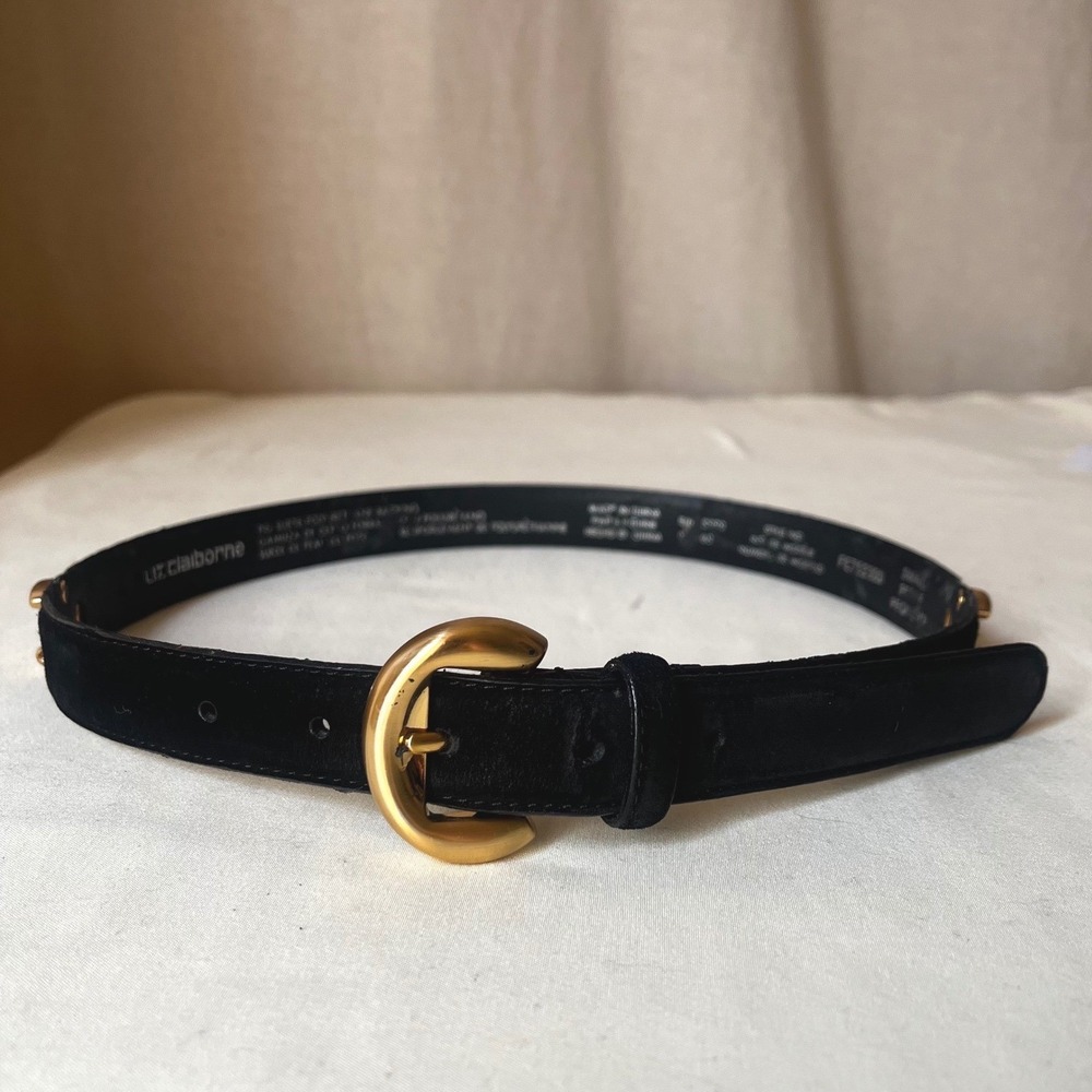 Vintage 1997 Liz Claiborne Black Pig Suede Belt Gold Horseshoe Accents Small